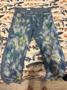 Pilcro Blue Tie-Dye Boot Cut Jeans with Green and Yellow Accents